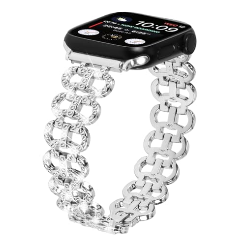 Miimall Armbänder Kompatibel mit Apple Watch Ultra 2/1 Armband 49mm 45mm 44mm 42mm, Legierung Metall Glitzer Strass Diamant Damen Armband für iWatch Ultra 2/1 Series 9/8/7/6/5/4/3/2/1/SE/SE2 -Silber von Miimall