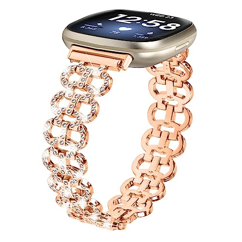 Miimall Armbänder Kompatibel mit Fitbit Versa 4 Armband, Legierung Metall Glitzer Strass Diamant Damen Ersatzarmband für Fitbit Versa 4/Fitbit Sense 2 -Roségold von Miimall