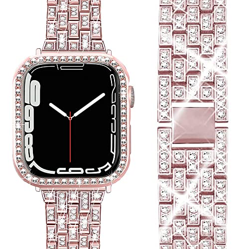 Miimall Armband Kompatibel mit Apple Watch Series 7 41mm 45mm, Bling Damen Kristall Strass Schutzhülle mit Einstellbarer Edelstahl Metall Armbänder für Apple Watch 41mm Rosa von Miimall