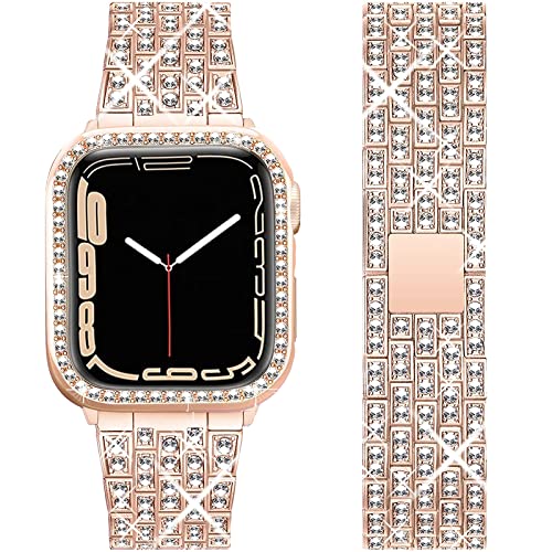 Miimall Armband Kompatibel mit Apple Watch Series 7 41mm 45mm, Bling Damen Kristall Strass Schutzhülle mit Einstellbarer Edelstahl Metall Armbänder für Apple Watch 45mm Roségold von Miimall
