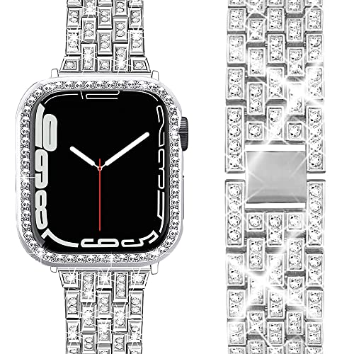 Miimall Armband Kompatibel mit Apple Watch Series 7 41mm 45mm, Bling Damen Kristall Strass Schutzhülle mit Einstellbarer Edelstahl Metall Armbänder für Apple Watch 45mm Silber von Miimall
