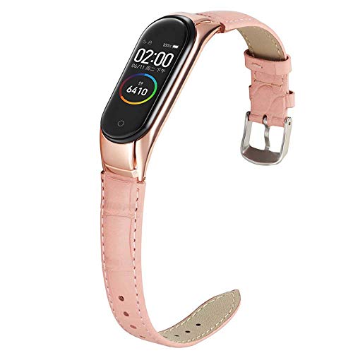 Miimall Armband für Xiaomi Mi Band 5, Premium Leder Ersatzband Sport Uhrenarmband Wristband mit Metallrahmen für Xiaomi Miband 5 - Pink von Miimall
