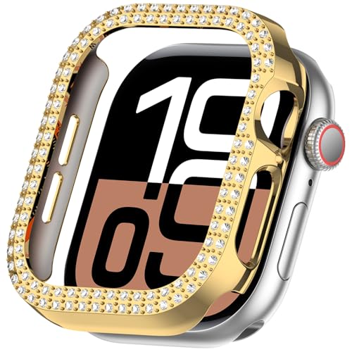 Miimall Glitzer Strass Diamant Hülle Kompatibel mit Apple Watch 10 Case 46mm, Ultra-dünne Stoßfeste Vollschutz PC Schutzhülle Aushöhlen Cover für Apple Watch Zubehör Serie 10, Galvanisiertes Gold Miimall Glitzer Strass Diamant Hülle Kompatibel mit Apple Watch 10 Case 46mm, Ultra-dünne Stoßfeste Vollschutz PC Schutzhülle Aushöhlen Cover für Apple Watch Zubehör Serie 10, Galvanisiertes Gold von Miimall