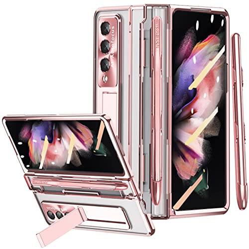 Miimall Handyhülle Kompatibel mit Samsung Galaxy Z Fold 3 Hülle mit S Pen, Transparent PC Schutzhülle mit Stift Halter + Displayschutzfolie+Ständer Hülle für Samsung Galaxy Z Fold 3 5G Roségold von Miimall
