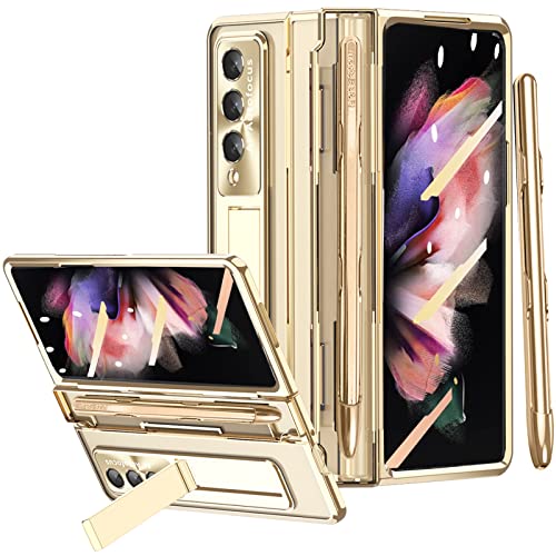 Miimall Handyhülle Kompatibel mit Samsung Galaxy Z Fold 3 Hülle mit S Pen, Transparent PC Schutzhülle mit Stift Halter + Displayschutzfolie + Ständer Hülle für Samsung Galaxy Z Fold 3 5G Gold von Miimall