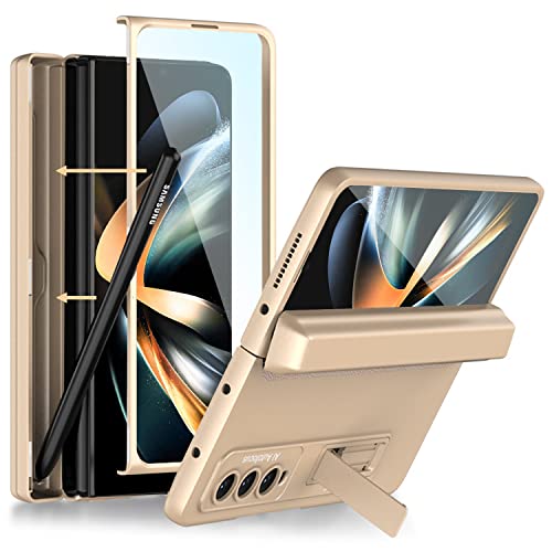 Miimall Handyhülle Kompatibel mit Samsung Galaxy Z Fold 4 Hülle mit S Pen Stift Halter und Ständer, Fold 4 Case mit Panzerglas Scharnierschutz Schutzhülle für Galaxy Z Fold 4 Hülle Gold von Miimall