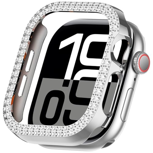 Miimall Hard PC Gehäuse Kompatibel mit Apple Watch Series 10 Schutzhülle, Ultradünne Kratzfestes Leichtgewicht Cover mit doppelten Diamantenreihen für iWatch Damen 2024 46mm, Galvanisiertes Silber Miimall Hard PC Gehäuse Kompatibel mit Apple Watch Series 10 Schutzhülle, Ultradünne Kratzfestes Leichtgewicht Cover mit doppelten Diamantenreihen für iWatch Damen 2024 46mm, Galvanisiertes Silber von Miimall