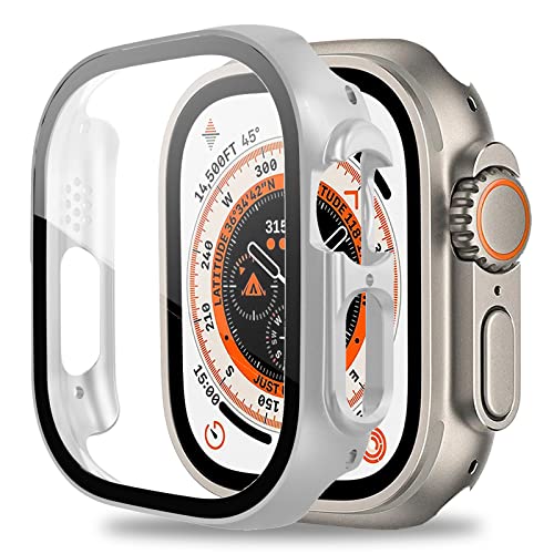 Miimall Hülle Kompatibel mit Apple Watch Ultra/Ultra 2 49mm Schutzhülle mit Gehärtetes Glas Displayschutz, Rundum Kratzfest Robust PC Schutz Case für Apple iWatch Ultra/Ultra 2 49mm Silber von Miimall