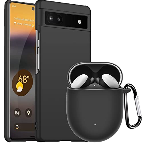 Miimall Hülle Kompatibel mit Google Pixel 6A und Pixel Buds A Schutzhülle, 1x Google Pixel 6A Schwarz Seidige PC Handyhülle + 1x Google Pixel Buds A Hülle mit Schlüsselanhänger Schwarz+Schwarz von Miimall