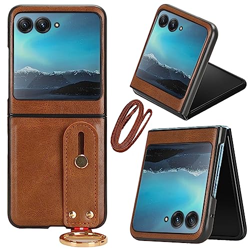 Miimall Hülle Kompatibel mit Motorola Razr 40 Ultra Hülle mit Band, PU Leder Case mit Ring Schultergurt Kette Handy Umhängeband Handykette Handyhülle für Moto Razr 40 Ultra 2023 -Braun von Miimall