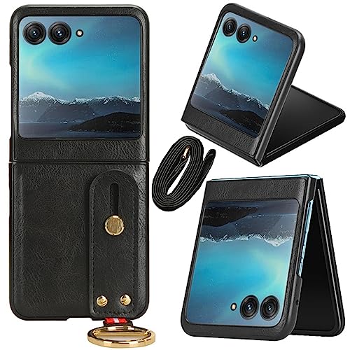 Miimall Hülle Kompatibel mit Motorola Razr 40 Ultra Hülle mit Band, PU Leder Case mit Ring Schultergurt Kette Handy Umhängeband Handykette Handyhülle für Moto Razr 40 Ultra 2023 -Schwarz von Miimall