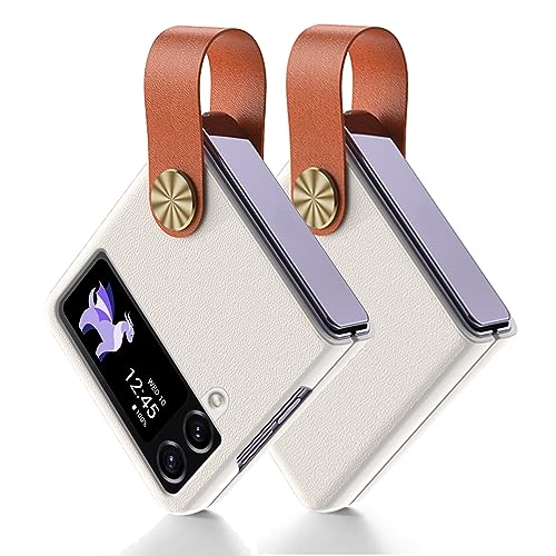 Miimall Hülle Kompatibel mit Samsung Galaxy Z Flip 4 Hülle mit Band, PU Leder Case mit Ständer Handykette Standfunktion Handyhülle für Samsung Z Flip 4 -Weiß von Miimall
