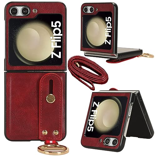 Miimall Hülle Kompatibel mit Samsung Galaxy Z Flip 5 Hülle mit Band, PU Leder Flip 5 Case mit Ring Kette Handy Umhängeband Handykette Handyhülle für Samsung Galaxy Z Flip 5 5G 2023 -Rot von Miimall