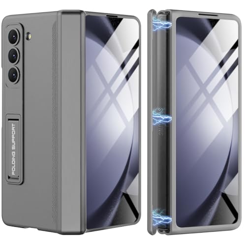 Miimall Hülle Kompatibel Mit Samsung Galaxy Z Fold 5, Robust PC Mit Displayschutz & Ständer, Anti Drop Handyhülle, Scharnierschutz Case - Grau von Miimall