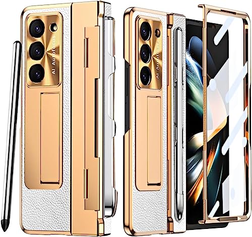 Miimall Hülle Kompatibel mit Samsung Galaxy Z Fold 5 Hülle mit S Pen, Luxus Leder PU+PC Case mit Stift Halter + Displayschutzfolie + Ständer Scharnierschutz Hülle für Samsung Z Fold 5 5G -Weiß von Miimall