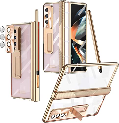 Miimall Klar Hülle Kompatibel mit Samsung Z Fold 4 Hülle mit Kameraschutz+Displayschutz, Fold 4 Case mit S Pen Stifthalter+Scharnierschutz Stoßfest Hülle mit Ständer für Z Fold 4-Champagner Gold von Miimall