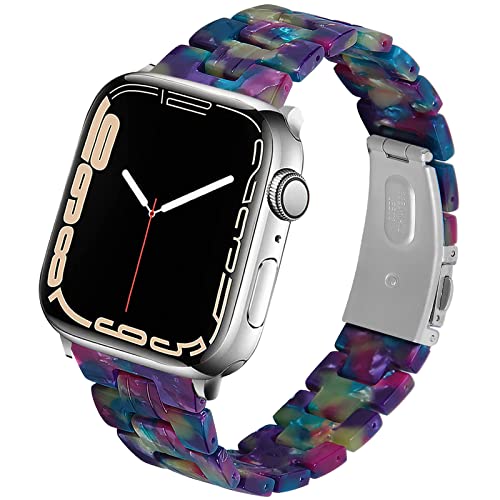 Miimall Kompatibel mit Apple Watch 41mm 38mm 40mm Armband Harz, Buntes Resin Ersatzband mit Edelstahlschnalle Uhrenarmband für Apple Watch Series 9/8/7/6/SE2/SE/5/4/3/2/1 - Lila und grüne Blumen von Miimall