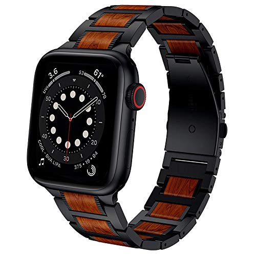Miimall Kompatibel mit Apple Watch 41mm 40mm 38mm Armband, Naturholz Rotes Sandelholz mit Edelstahl Metall Link Uhrenarmband für Apple Watch Series 7/6/SE/5/4/3/2/1(Rot+Schwarz) von Miimall