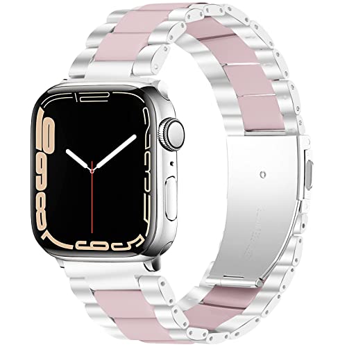 Miimall Kompatibel mit Apple Watch 41mm 40mm 38mm Armband, Prämie Harz Resin Edelstahl Metall Ersatzarmband Uhrenarmband für iWatch Series 8/7/6/SE/5/4/3/2/- Silber + Pink von Miimall