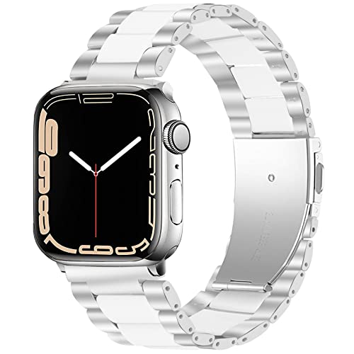 Miimall Kompatibel mit Apple Watch 41mm 40mm 38mm Armband, Prämie Harz Resin Edelstahl Metall Ersatzarmband Uhrenarmband für iWatch Series 8/7/6/SE/5/4/3/2/- Silber + Weiß von Miimall