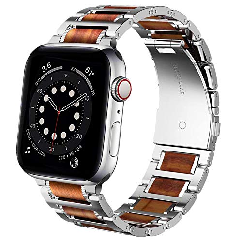 Miimall Kompatibel mit Apple Watch 45mm 44mm 42mm Armband, Naturholz Rotes Sandelholz mit Edelstahl Metall Link Uhrenarmband für Apple Watch Series 7/6/SE/5/4/3/2/1(Rot+Silber) von Miimall