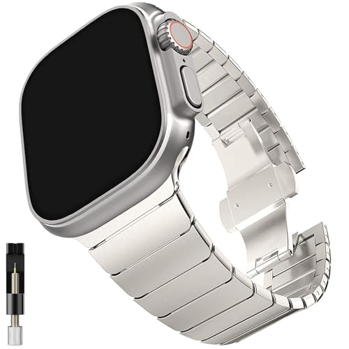 Miimall Kompatibel mit Apple Watch 49mm 45mm 44mm 42mm Armband, Edelstahl Metall Verstellbares Ersatzarmband mit Metallschließe Uhrenarmband für iWatch 9/8/7/6/SE/5/4/3/2/1&Ultra 1&2-Titanium von Miimall