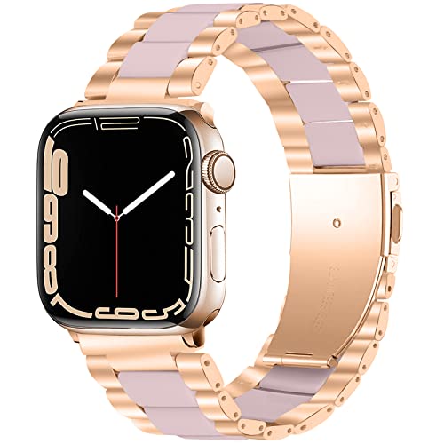 Miimall Kompatibel mit Apple Watch 49mm 45mm 44mm 42mm Armband, Prämie Harz Resin Edelstahl Metall Ersatzarmband Uhrenarmband für iWatch Series 8/7/6/SE/5/4/3/2/1 - Rosegold + Pink von Miimall