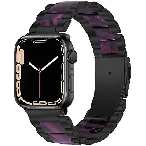 Miimall Kompatibel mit Apple Watch 49mm 45mm 44mm 42mm Armband, Prämie Harz Resin Edelstahl Metall Ersatzarmband Uhrenarmband für iWatch Series 8/7/6/SE/5/4/3/2/1 - Schwarz + Lila von Miimall