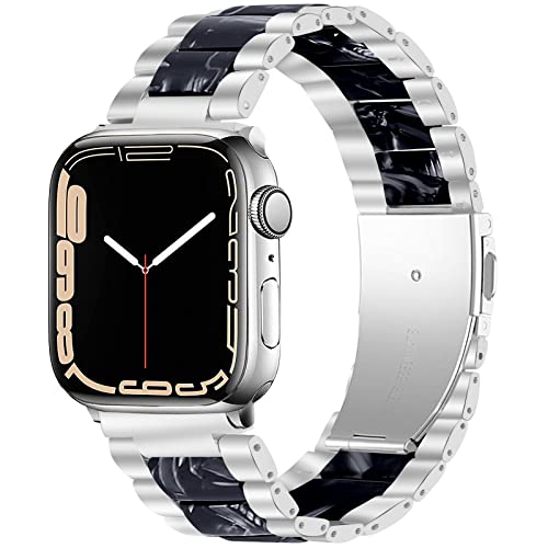 Miimall Kompatibel mit Apple Watch 49mm 45mm 44mm 42mm Armband, Prämie Harz Resin Edelstahl Metall Ersatzarmband Uhrenarmband für iWatch Series 8/7/6/SE/5/4/3/2/1 - Silber + Achat Schwarz von Miimall