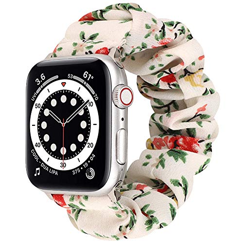 Miimall Kompatibel mit Apple Watch Scrunchie Armband 41mm 40mm 38mm, Stoff Weich und Elastisch Sport Ersatz Armbände für Apple Watch Series 1/2/3/4/5/SE/6/7/8-L Saflor auf Weiß von Miimall