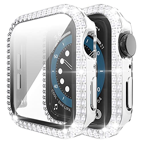 Miimall Kompatibel mit Apple Watch Serie 6/SE/5/4 44mm Hülle mit Glas Displayschutz, Doppelter Diamant Strassstein Vollerschutz Ultradünner Kratzfest PC Case für iWatch 44mm - Weiß/Silber von Miimall