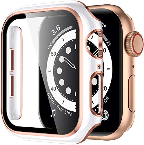 Miimall Kompatibel mit Apple Watch Series 3/2/1 42mm Hülle mit Glas Displayschutz, Roségold Rand Ultradünne PC Schutzhülle Vollschutz Displayschutz Case für iWatch 42mm - Weiß+Roségold von Miimall