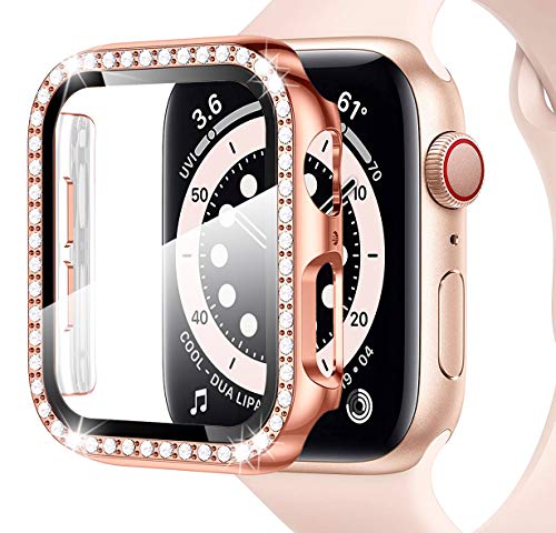 Miimall Kompatibel mit Apple Watch Series 3/2/1 42mm Hülle mit Glas Displayschutz, Strass Glitzer Harter PC Schutzhülle Kratzfest Schutzfolie Schutz Case für iWatch Serie 3/2/1 - Rosegold von Miimall