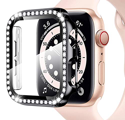 Miimall Kompatibel mit Apple Watch Series 3/2/1 42mm Hülle mit Glas Displayschutz, Strass Glitzer Harter PC Schutzhülle Kratzfest Schutzfolie Schutz Case für iWatch Serie 3/2/1 - Schwarz von Miimall