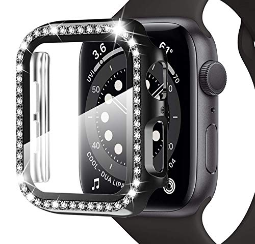 Miimall Kompatibel mit Apple Watch Series 6/SE/5/4 40mm Hülle mit mit Glas Displayschutz, Strass Glitzer Harter PC Schutzhülle Kratzfest Schutzfolie Schutz Case für iWatch Serie 5/4 - Schwarz von Miimall