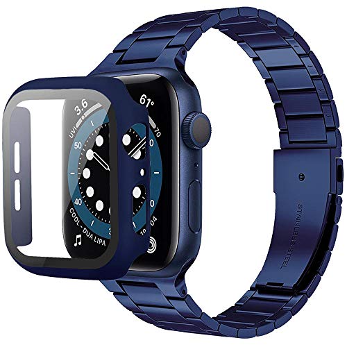 Miimall Kompatibel mit Apple Watch Series 8/7/6/SE/5/4 44mm Armband mit PC Hülle, Ultra Dünn Prämie Edelstahl Metall Ersatzband iWatch Uhrenarmband für Apple Watch 44mm - Blau von Miimall