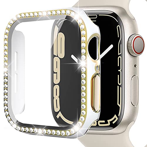 Miimall Kompatibel mit Apple Watch Series 8/7 45mm 41mm Hülle mit Glas Displayschutz, Glitzer Diamant Ultradünner PC Case Kratzfest Voller Schutzhülle für iWatch Series 8/7 41mm - Gold/Weiß von Miimall