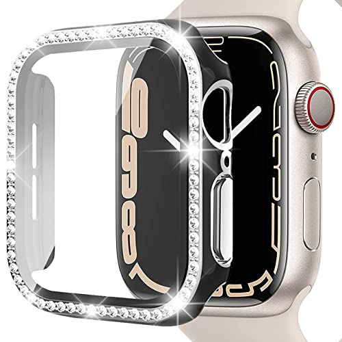 Miimall Kompatibel mit Apple Watch Series 8/7 45mm 41mm Hülle mit Glas Displayschutz, Glitzer Diamant Ultradünner PC Case Kratzfest Voller Schutzhülle für iWatch Series 8/7 41mm - Silber/Schwarz von Miimall