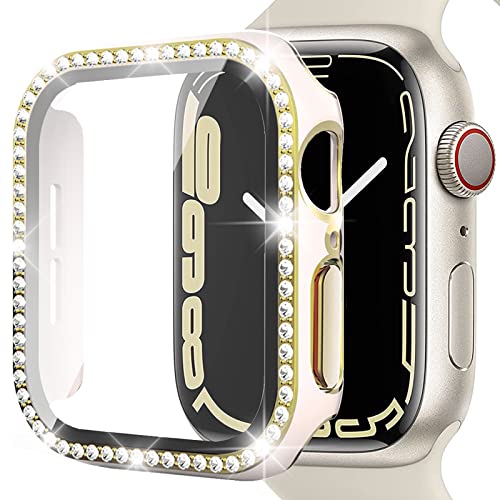 Miimall Kompatibel mit Apple Watch Series 8/7 45mm 41mm Hülle mit Glas Displayschutz, Glitzer Diamant Ultradünner PC Case Kratzfest Voller Schutzhülle für iWatch Series 8/7 45mm - Gold/Rosa von Miimall