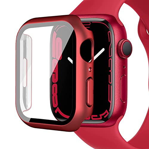 Miimall Kompatibel mit Apple Watch Series 8/7 45mm 41mm Hülle mit Glas Displayschutz, Mattes Metall Glänzend Ultradünne PC Schutzhülle Vollschutz Kratzfest Schutz Hülle für Apple Watch 41mm - Rot von Miimall