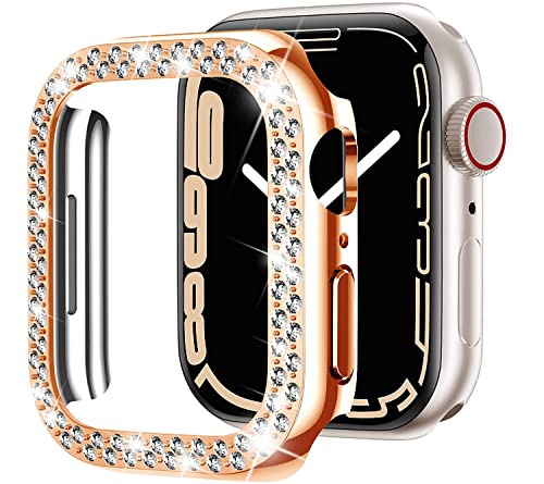 Miimall Kompatibel mit Apple Watch Series 9/8/7 45mm 41mm Hülle, Bling Glitzer Doppelter Diamant Strassstein Harter PC Schutzrahmen Ultradünner Schutzhülle für iWatch Series 9/8/7 45mm - Roségold von Miimall