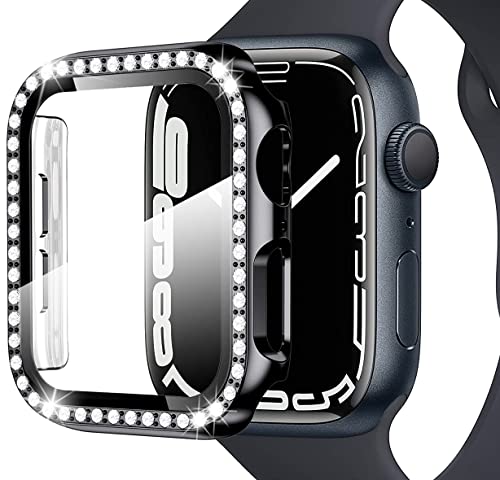 Miimall Kompatibel mit Apple Watch Series 9/8/7 45mm 41mm Hülle mit Glas Displayschutz, Strass Glitzer Harter PC Schutzhülle Kratzfest All-Round Schutz Case für iWatch Serie 9/8/7 41mm - Schwarz Miimall Kompatibel mit Apple Watch Series 9/8/7 45mm 41mm Hülle mit Glas Displayschutz, Strass Glitzer Harter PC Schutzhülle Kratzfest All-Round Schutz Case für iWatch Serie 9/8/7 41mm - Schwarz von Miimall
