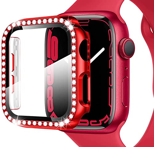 Miimall Kompatibel mit Apple Watch Series 9/8/7 45mm 41mm Hülle mit Glas Displayschutz, Strass Glitzer Harter PC Schutzhülle Kratzfest All-Round Schutz Case für iWatch Serie 9/8/7 45mm - Rot von Miimall