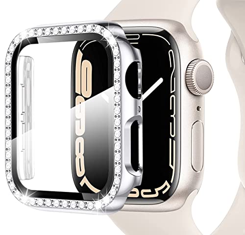 Miimall Kompatibel mit Apple Watch Series 9/8/7 45mm 41mm Hülle mit Glas Displayschutz, Strass Glitzer Harter PC Schutzhülle Kratzfest All-Round Schutz Case für iWatch Serie 9/8/7 41mm - Silber Miimall Kompatibel mit Apple Watch Series 9/8/7 45mm 41mm Hülle mit Glas Displayschutz, Strass Glitzer Harter PC Schutzhülle Kratzfest All-Round Schutz Case für iWatch Serie 9/8/7 41mm - Silber von Miimall