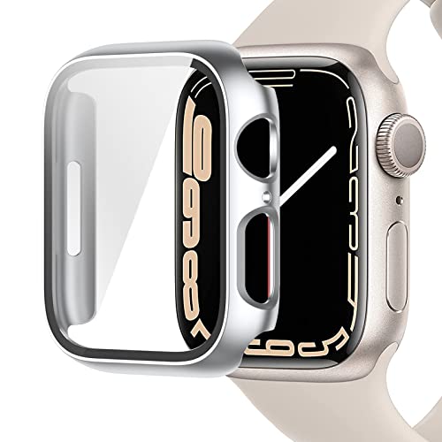 Miimall Kompatibel mit Apple Watch Series 9/8/7 45mm 41mm Hülle mit Glas Displayschutz, Ultradünne PC Schutzhülle Vollschutz Kratzfest Displayschutzfolie Schutz Case für iWatch 41mm - Silber von Miimall