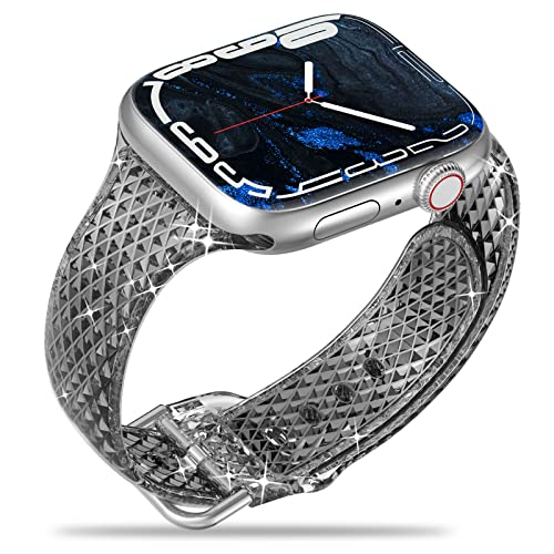 Miimall Kompatibel mit Apple Watch Ultra/Ultra 2/Series 9/8/7/6/SE/5/4/3/2/1 Armband, Diamant Kornmuster Durchscheinend TPU Flexibel Verstellbares Armbänder für iWatch 49mm/45mm/44mm/42mm-Schwarz von Miimall