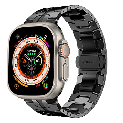 Miimall Kompatibel mit Apple Watch Ultra/Ultra 2 Armband 49mm, Edelstahl Metall Doppelte Faltschließe [Keine Lücke] Verstellbares Armbänder für iWatch 9/8/7/6/SE/5/4/3/2/1 45mm 44mm 42mm-Schwarz von Miimall
