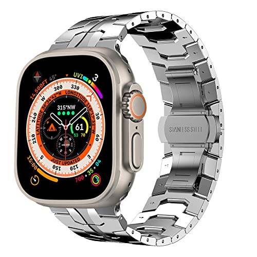 Miimall Kompatibel mit Apple Watch Ultra/Ultra 2 Armband 49mm, Edelstahl Metall Doppelte Faltschließe [Keine Lücke] Verstellbares Armbänder für iWatch 9/8/7/6/SE/5/4/3/2/1 45mm 44mm 42mm-Silber von Miimall
