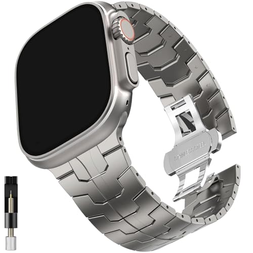 Miimall Kompatibel mit Apple Watch ultra/ultra 2 Armband 49mm, Edelstahl Metall Doppelte Faltschließe [Keine Lücke] Verstellbares Armbänder für iWatch 9/8/7/6/SE/5/4/3/2/1 45mm 44mm 42mm-Titanium von Miimall