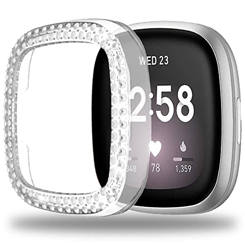 Miimall Kompatibel mit Fitbit Versa 3 Hülle, Strass Glitzer Harter PC Schutzhülle Stoßfest Kratzfest Bling Diamant Rahmen Stoßstange Schutz Case für Fitbit Versa 3 - Klar von Miimall